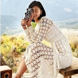 Women's White Crochet Dress, Crochet Wedding Dress ,Long white linen dress made to order