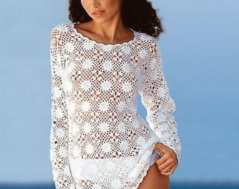 White dress crochet  White Beach Dress crochet White beach mini dress tunic/ custom