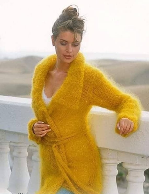 Women's Yellow Mohair Knitted Cardigan Handmade / Made to Order - Etsy