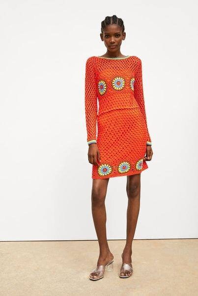 Women's orange dress with multi-colored round motifs crochet / made to order