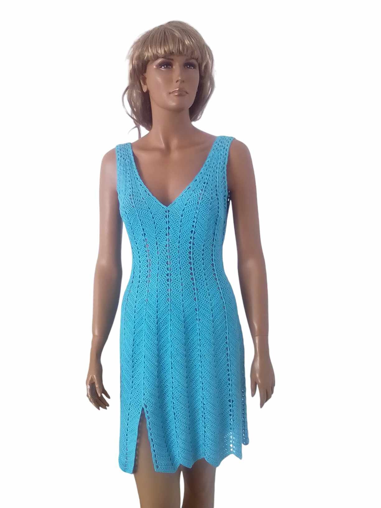 Women's Crochet Dress ,Crochet Beach Mini Dress ,Turquoise Color Dress / Made to Order
