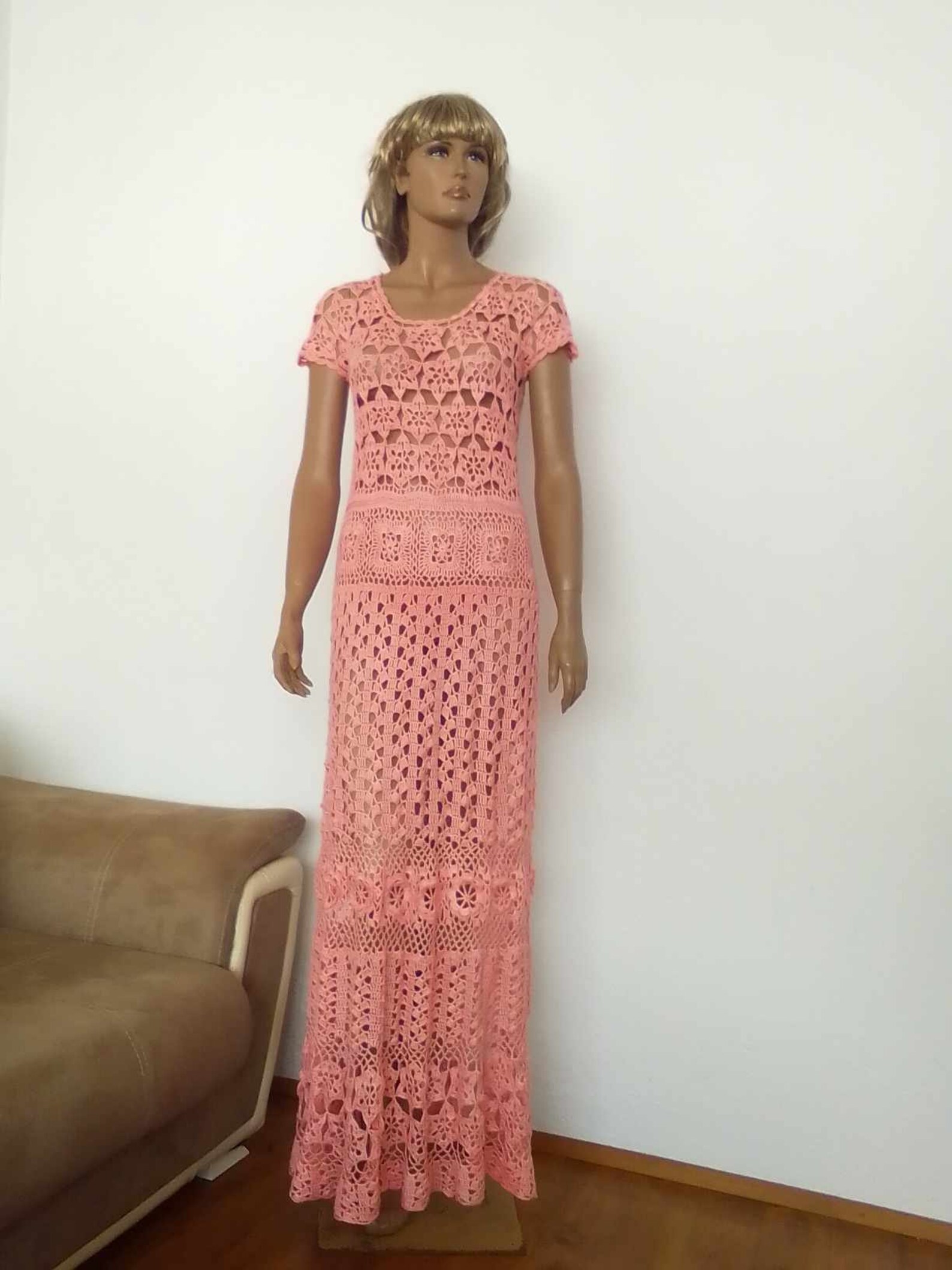 White Dress with Pink Crochet Collar