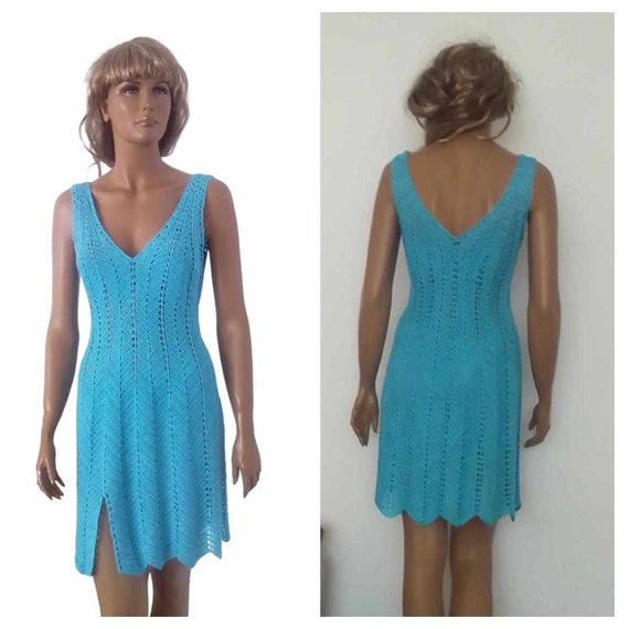 Women's Crochet Dress ,Crochet Beach Mini Dress ,Turquoise Color Dress / Made to Order