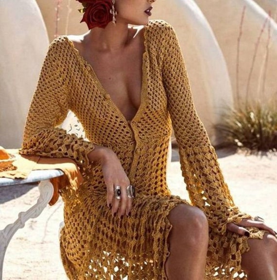Ladies Long Dress in Gold Color Crochet Made to Order Etsy