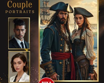 Könnte beinhalten: Eine digitale Grafik mit dem Titel Pirate Couple Portraits, die einen Mann und eine Frau in Piratenkleidung mit Hüten, blauem Mantel und Korsett zeigt. Enthält zwei Porträts eines Mannes im Anzug und einer Frau im Blazer sowie Textüberlagerungen.