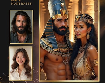 Könnte beinhalten: Digitaler Kunstdruck eines Paares in ägyptisch inspirierter Kleidung. Der Mann trägt eine goldene Krone und einen blauen und goldenen Kopfbedeckungs-Schmuck. Die Frau trägt eine goldene Krone und ein goldenes und weißes Kleid. Der Hintergrund ist ein goldenes und schwarzes Design.
