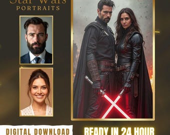 Könnte beinhalten: Digitaler Download von Star Wars-Porträts. Das Bild zeigt einen Mann und eine Frau in schwarzer Kleidung, die rote Lichtschwerter halten. Der Text lautet "Star Wars Portraits", "Digital Download" und "Ready in 24 Hour".
