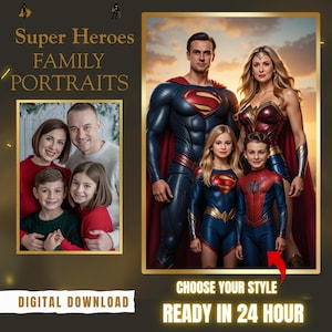 Benutzerdefinierte Superhelden Familie Porträt, personalisiertes digitales Porträt vom Foto, einzigartige Superhelden Familie Kunstwerk, individuelles Geschenk (digitaler Download)
