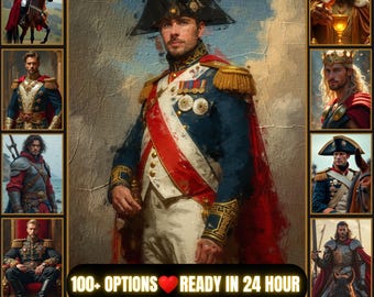 Può includere: Opera d'arte digitale raffigurante un uomo in uniforme in stile napoleonico, con bicorno, fascia rossa e cappotto blu. L'immagine include ritratti aggiuntivi in stile vintage, con il testo "100+ OPTIONS READY IN 24 HOUR" e "DIGITAL DOWNLOAD VINTAGE EFFECTS."