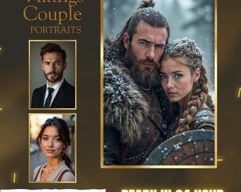 Könnte beinhalten: Digitaler Download von Wikinger-Paarporträts. Das Bild zeigt einen Mann und eine Frau in Wikingerkleidung vor einem verschneiten Hintergrund. Der Text auf dem Bild lautet "Vikings Couple Portraits", "Digital Download" und "Ready in 24 Hour".