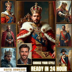 May include: Digital download featuring portraits of men in regal attire, including kings and emperors. The image showcases various styles, with a central portrait and the text "CHOOSE YOUR STYLE READY IN 24 HOUR" and "DIGITAL DOWNLOAD".
