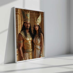 K&ouml;nnte beinhalten: Ein Paar in goldenen und wei&szlig;en Kost&uuml;men mit aufwendigen Kopfbedeckungen. Die Kopfbedeckung der Frau hat Fl&uuml;gel und die des Mannes ist hoch und spitz.