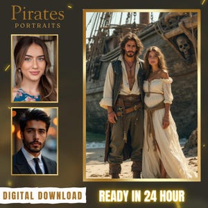 Retrato de pareja pirata personalizado, Jack Sparrow, retrato de Piratas del Caribe, pirata, póster, regalo de retrato pirata, retrato de pareja de fantasía