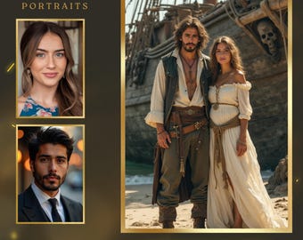 Könnte beinhalten: Eine digitale Porträtillustration eines Piratenpaares. Die Frau trägt ein weißes Kleid mit einem braunen Gürtel und der Mann trägt eine braune Weste und eine braune Hose mit einem braunen Gürtel. Sie stehen vor einem Holzschiff.