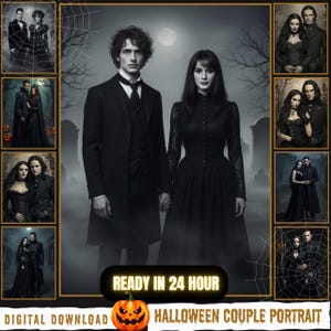 May include: A digital collage featuring a central portrait of a couple in black formal attire standing in a graveyard, surrounded by smaller framed portraits of the same couple in various poses, with the text READY IN 24 HOUR and a pumpkin icon.