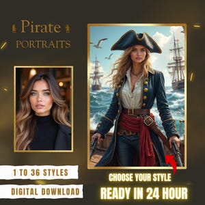Pirate Woman Portrait, Custom Portrait from Photo, Custom Pirate Girl Portrait, Unique Personalized Portrait Gift for Her (Digital Download)