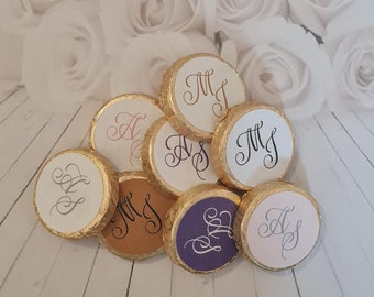 Set of 50 x personalised gold foil mint crisp monogram wedding chocolates