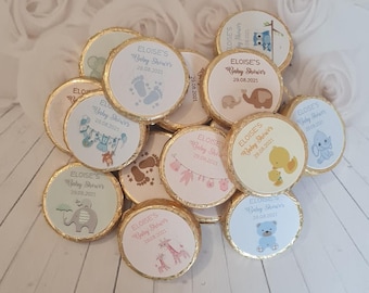 Juego de 50 monedas de chocolate para baby shower personalizadas de 3 cm con papel de aluminio dorado o plateado