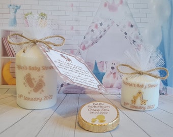 10 x 3cm or 6cm Personalised baby shower candle favours neutral/pink/blue