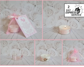 Personalised Baby shower tealight favours (x 10) in PINK theme with tags