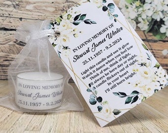 Personalised Funeral Memorial tealight favours in white rose design with tags