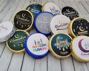 Set of 50 x 3cm Ramadan Kareem Mubarak chocolate coins in 4 x flavours