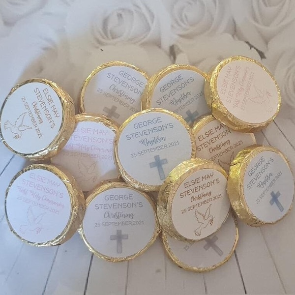Set of 50 x 3cm personalised christening, baptism, holy communion chocolate coins