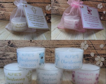 Personalised Christening Baptism tealight favours in various colours and designs