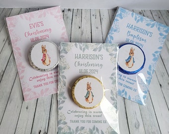 Personalised Christening Baptism Peter Rabbit Chocolate Favours in Eucalyptus Floral Design