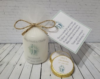 10 x 3cm or 6cm Personalised Christening Baptism Communion candle favours in green floral cross