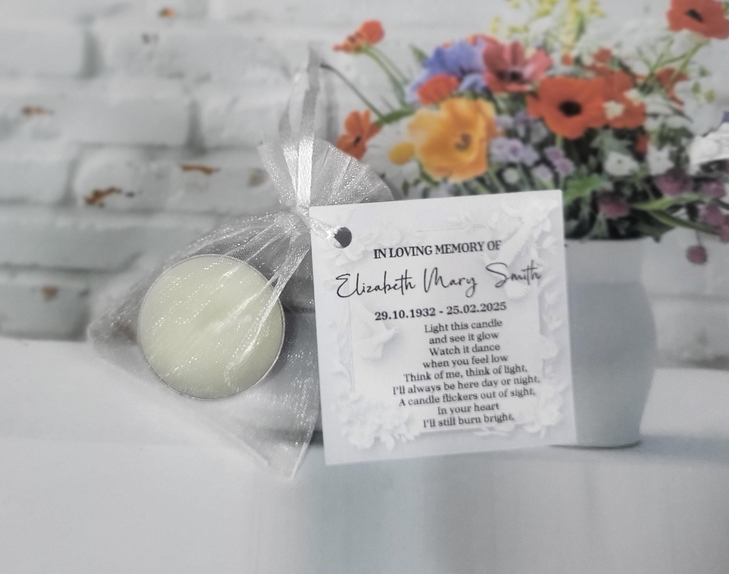 thumbnail interactive-video image 1 of Personalised Funeral Memorial Tealight Candle Favours – Dove & Rose Design 1 of 4