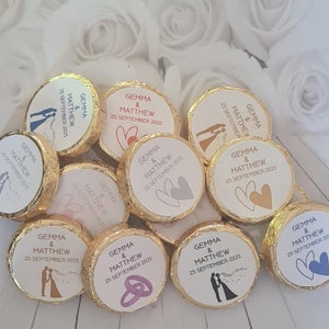 Set of 50 x 3cm personalised gold or silver foil flavoured wedding favour chocolates