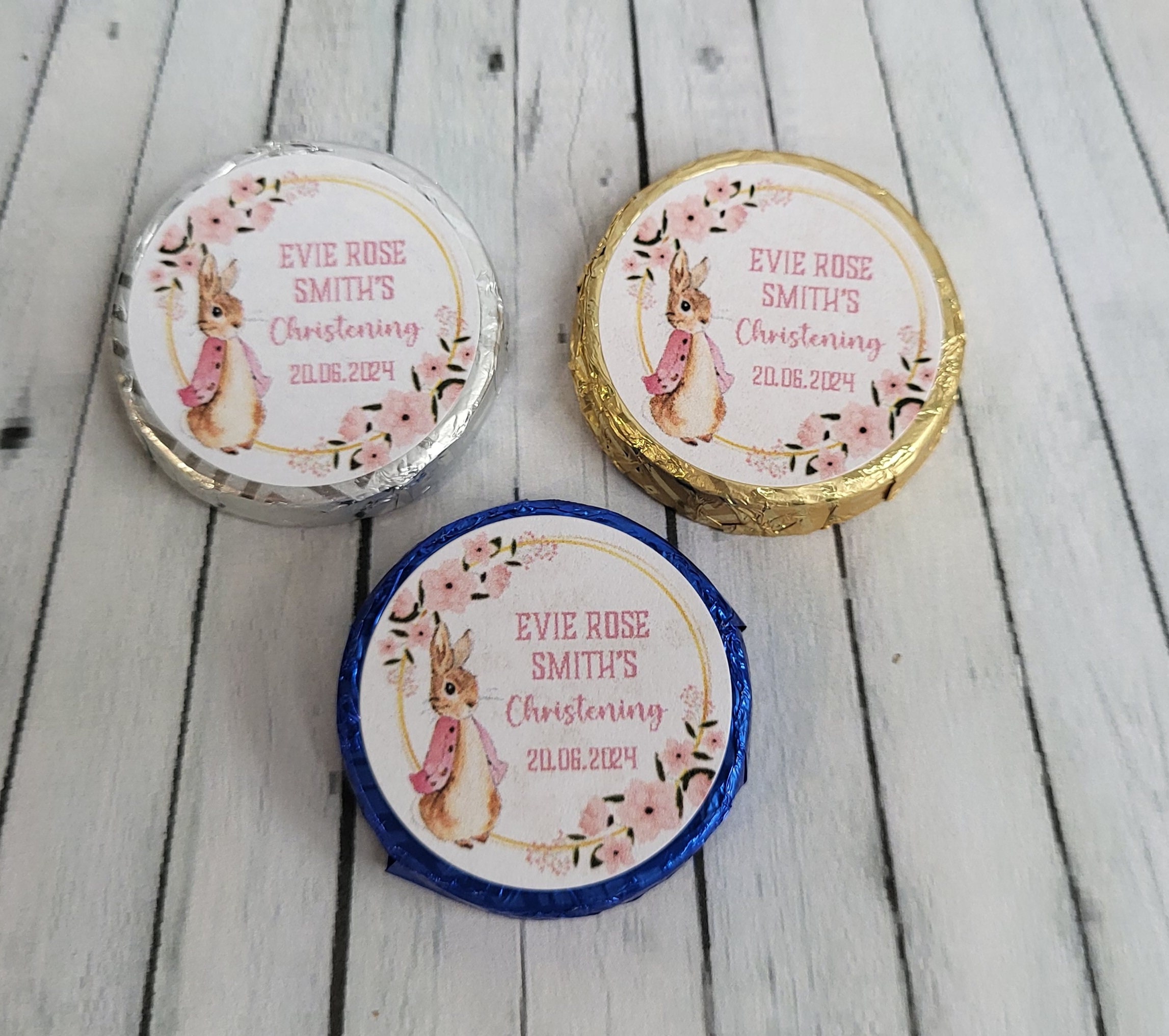 thumbnail image 2 of Set Of 50 Personalised Peter Rabbit Chocolate Coins For Christening Or Baptism Favors 2 of 5