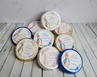Set of 50 x 3cm personalised Peter Rabbit Flopsy christening, baptism chocolate coins