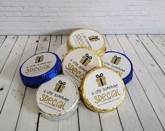 Set of 50 x 3cm personalised business logo chocolate coins in 4 x flavours