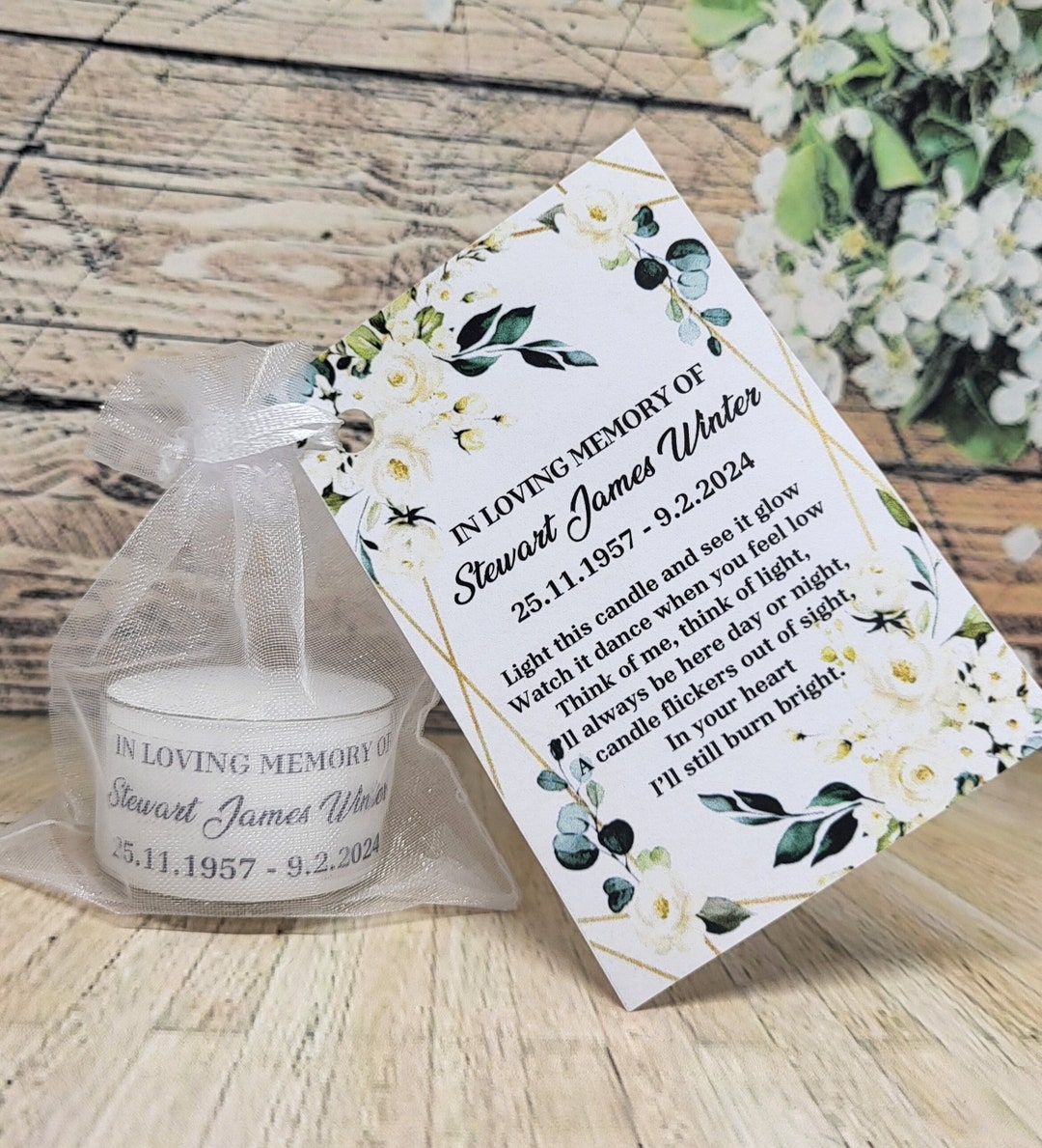 thumbnail image 2 of Personalised Funeral Memorial Tealight Candle Favours – Dove & Rose Design 2 of 4