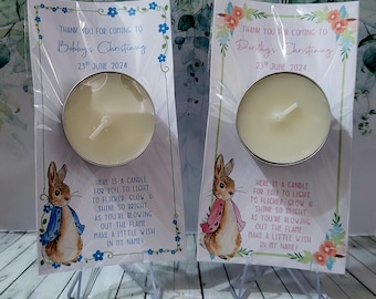 Personalised Christening Baptism Peter Rabbit Flopsy Tealight Candle Favours