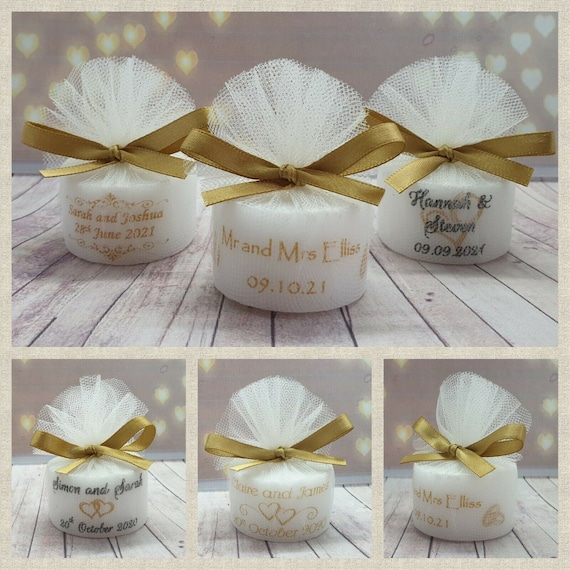 Personalised Votive Candle Wedding Favours Vintage Any Colour Satin Bows Set 10 