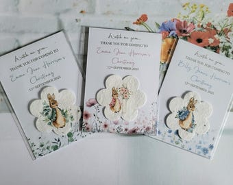 Recuerdos de papel con semillas para bautizo, baby shower, con diseños de Peter Rabbit Flopsy