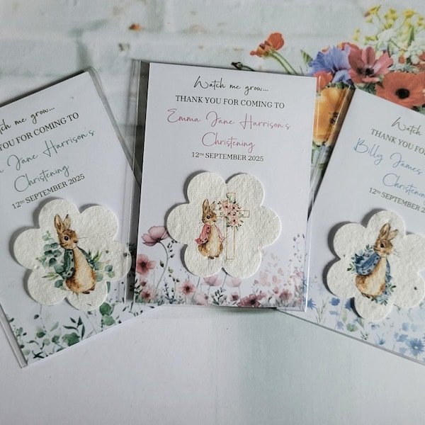 Christening Baptism Baby Shower Seed Paper Favours in Peter Rabbit Flopsy designs