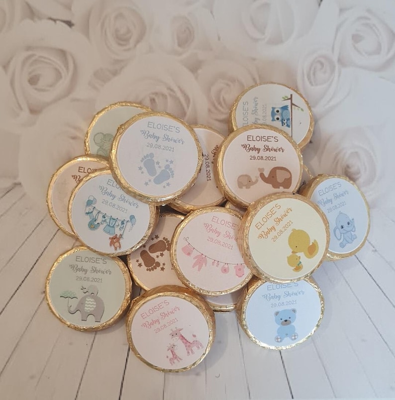 Set of 50 x personalised gold/ silver foil mint crisp baby shower chocolates 