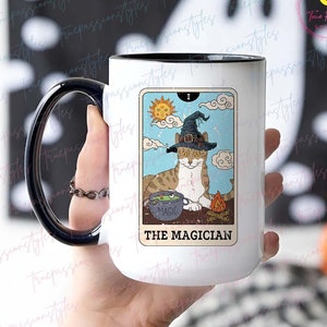 Caneca de tarô do mágico, caneca de meme de gato, caneca de amantes de gatos, caneca de gato bruxo, caneca de bruxa T0160