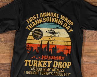 Funny Thanksgiving WKRP Turkey Drop T-Shirt, Long Sleeve Tee, Sweatshirt, Hoodie - First Annual WKRP Thanksgiving Day Cincinnati OH Shirts