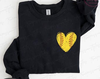 Retro Heart Softball Sweatshirt, Softball Distress Heart Shirt, Cute Softball Lover Gift, Softball Game Day Shirt, Long Sleeve S05496