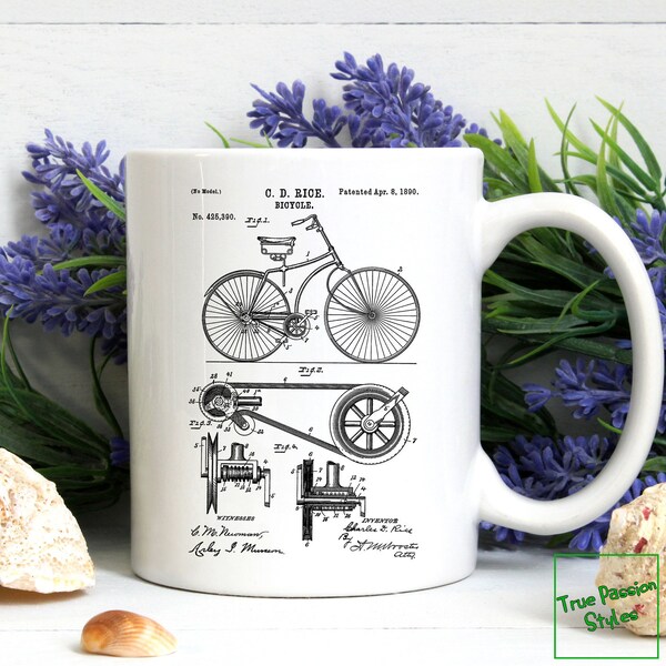 1890 Bicycle Patent Diagram White Coffee Mug, Street Mountain Cycling Mugs, Vintage Gift Idea for Cyclist, Funny Bicycle Lover Mug