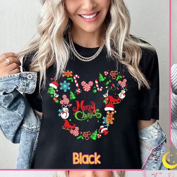 Disney Christmas Party Shirt with Mickey Head and Fun Merry Snowman Gingerbread Snowflake, Disneyland Family Matching T-shirts 10040