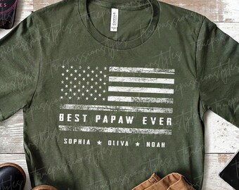 Custom American Papaw Shirt With Kids Names, Best Papaw Ever Shirt, Fathers Day Gift For Papaw, 4th Of July Shirt For Papaw, USA Flag S03593