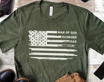 Koszulka Man Of God Husband Dad, Koszulka Christian American Flag, Koszulka Religijny Tata T0660