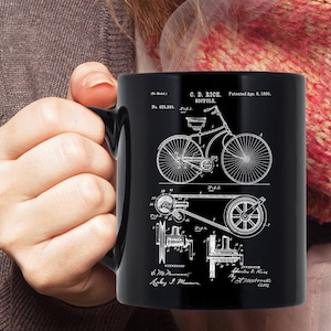 Bicycle Mug Gift, 1890 Bicycle Patent Diagram Black Coffee Mug - Cycling Mugs Collection, Vintage Gift Idea for Cyclist, Bicycle Lover Mug