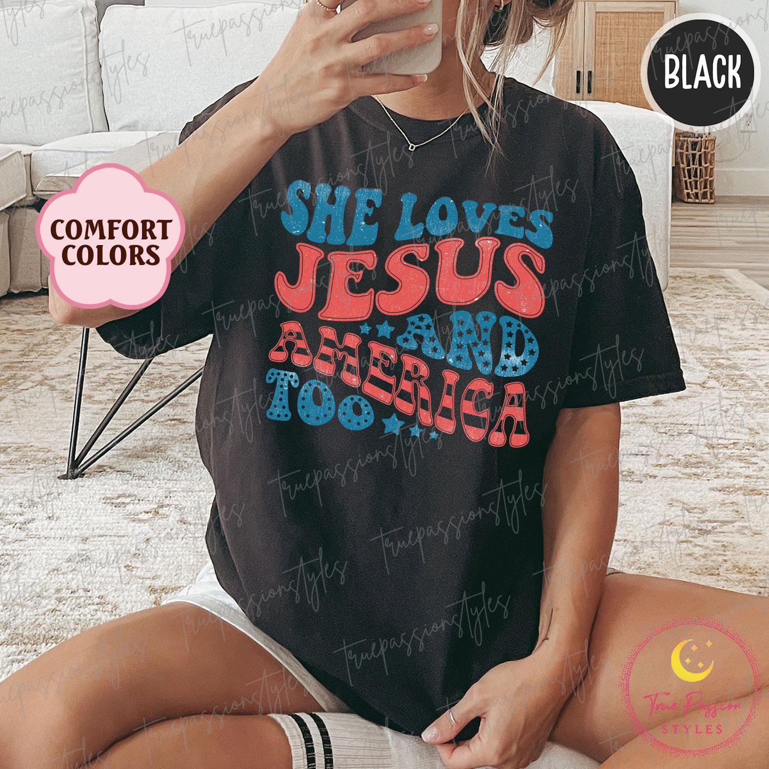 Comfort Colors® Retro USA Shirt, Patriotic Christian TShirt, Independence Day Tee, She Loves Jesus And America Too, 4th of July Shirt S00623
